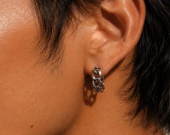 Sterling Silver Curb Huggie Hoop Earrings for Men Women, Unisex Jewelry Gift for Him