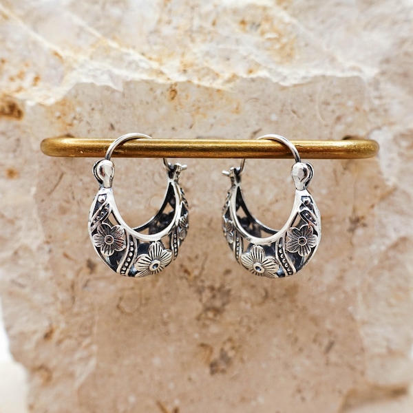 925 Sterling Silber Filigree Creolen, graviertes Vintage Blumenmuster, Schmuck Geschenk für Sie
