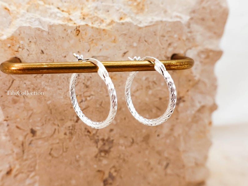 925 sterling silver thin hoop earrings with twisted textur finish