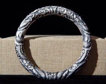 Bold Sterling Silver Dragon Bracelet, Handmade Artisan Unisex Silver Cuff Bracelet, Mens Silver Bangle, Ancient Loong Gift for Him Father