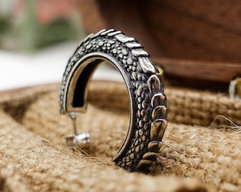 Sterling Silver Mens Hoop Earrings, Cool Black Dragon Scales Gothic Earrings for Men, Unisex Jewelry Gift For Him Her Boyfriend Dad Brothers