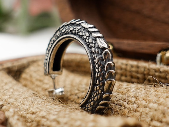 Dragon Scales Hoop Earrings for Men Women Sterling Silver Dragon