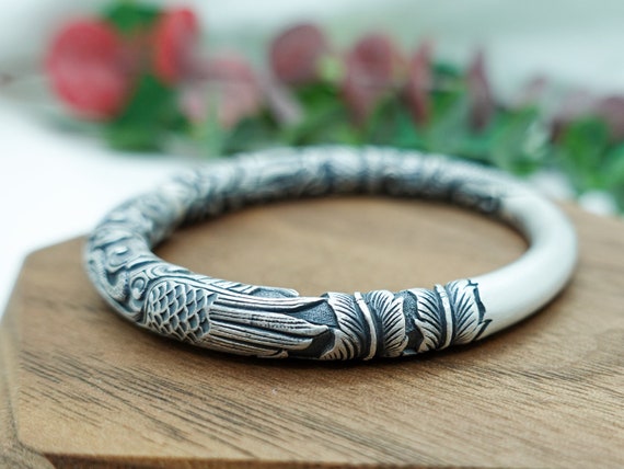 Sterling Silver Dragon Phoenix Bangle: Mystical Cuff Bracelet - Etsy