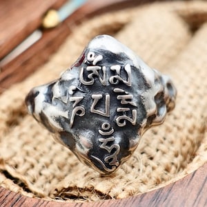 Sterling Silver Om Mantra Ring: Adjustable Tibetan Yoga Jewelry