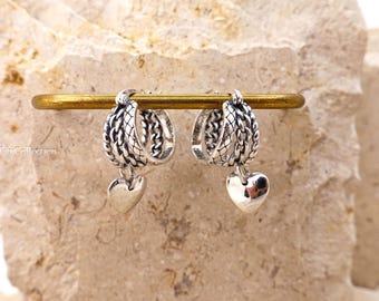 Sterling Silver Small Triple Hoop Earrings, Unique Vintage Heart Charm Hoops Gift for Her