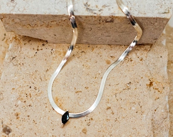 Sterling Silver Omega Chain Necklace: Marquise Black Spinel Pendant