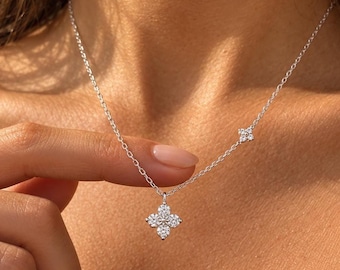 Collier en argent sterling et moissanite avec trèfle, délicat collier de diamants en forme de fleur, cadeau pour elle