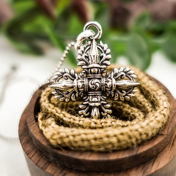 Tibetan Vajra Pendant Necklace, Sterling Silver Zen Pendant, Meditation Jewelry, Buddhism Necklace, Mens Women Healing Dorje Pendant