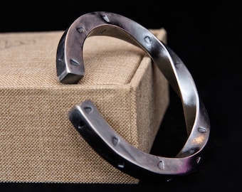 Personalized Sterling Silver Mens Cuff Bracelet – Mobius Infinity Bracelet, Engraved Gift for Him, Blackened Custom Bracelet for Men
