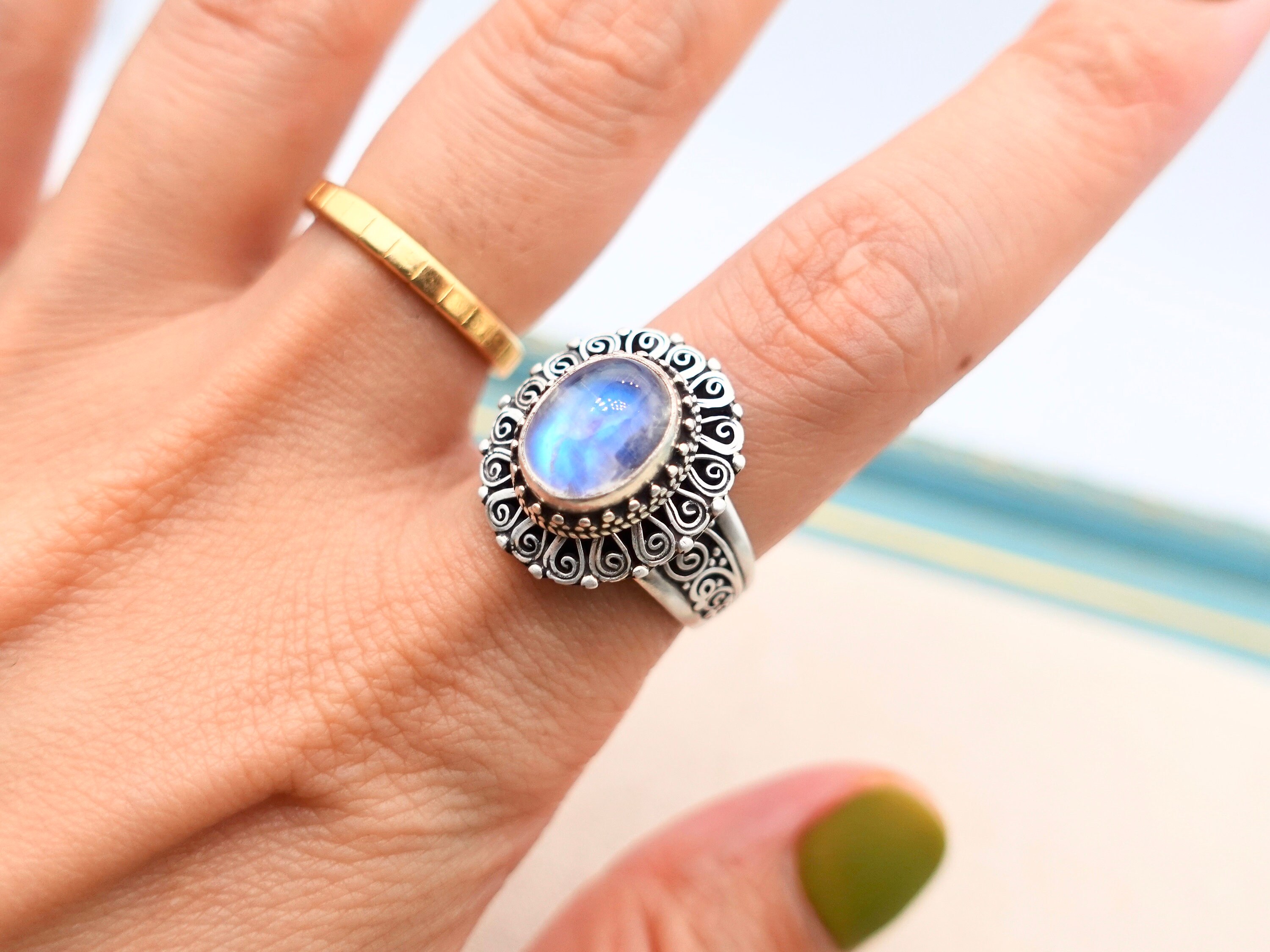 Unique Blue Moonstone Ring, June Birthstone Jewelry for her, sterling