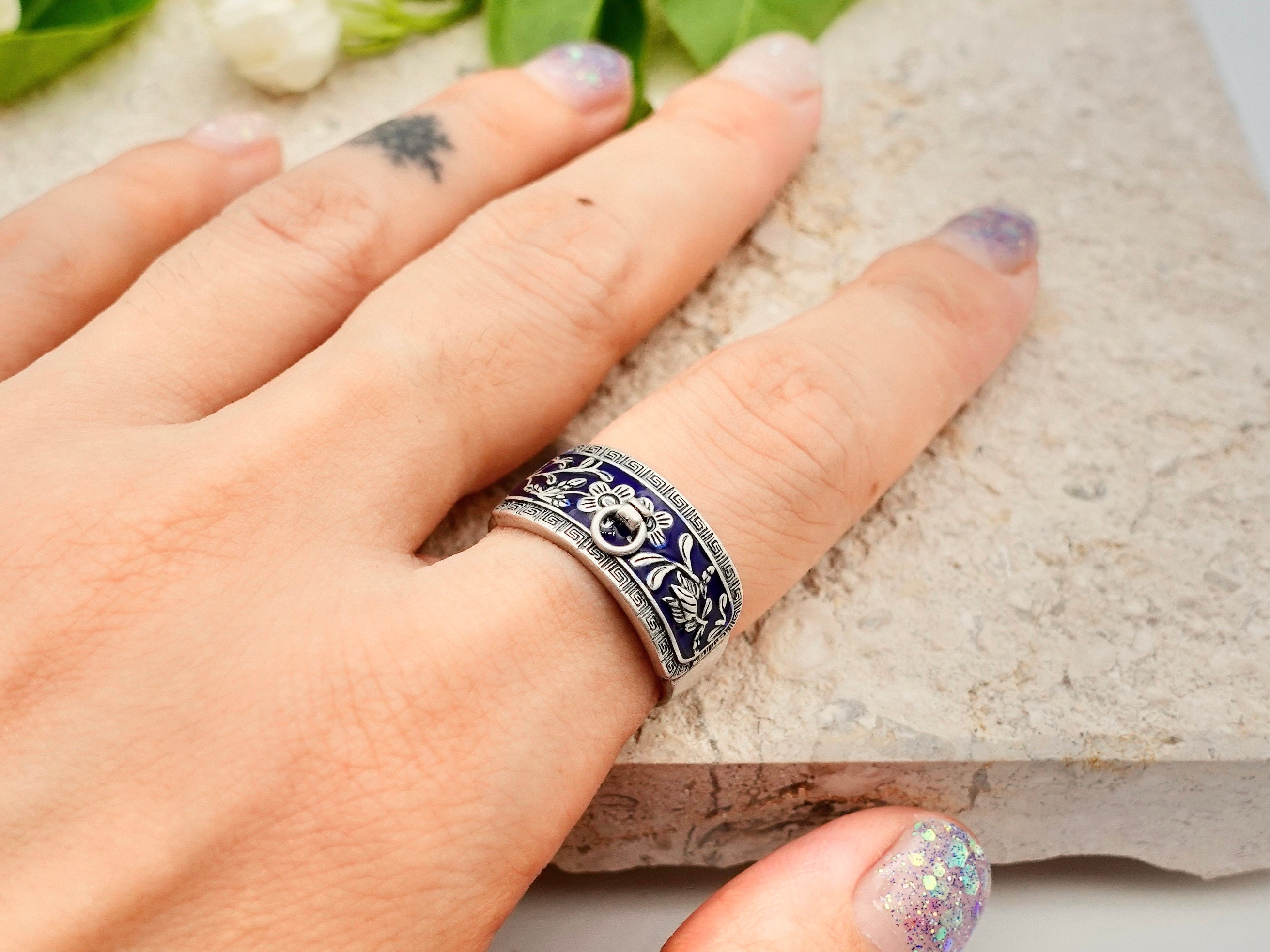Bague En Argent Massif 925 émaillée Style Art Déco - Taille 53 - Occasion Superbe état
