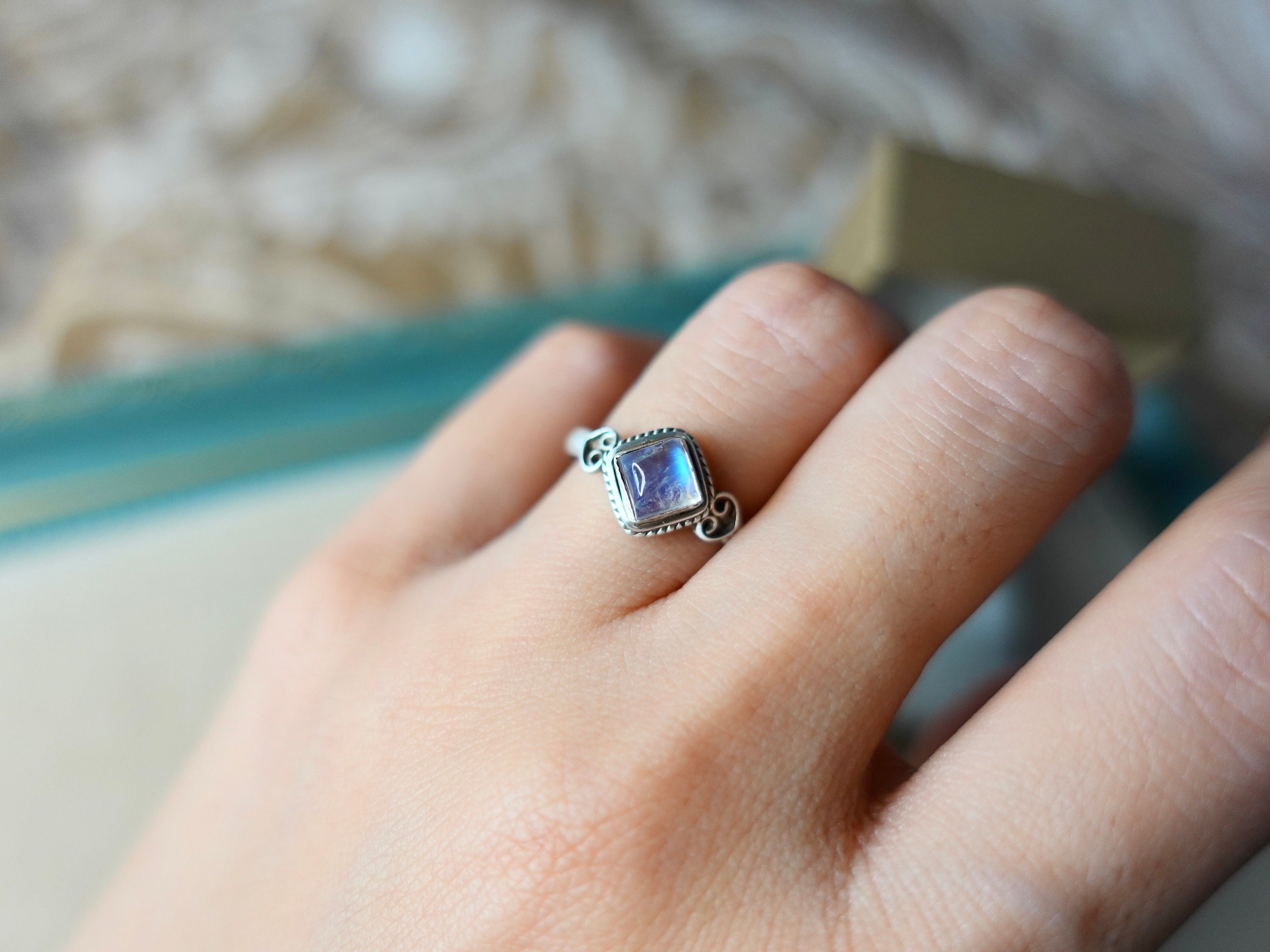 Square Blue Moonstone Ring, June Birthstone Ring, adjustable ring