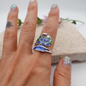 Sterling Silver Peony Ring: Adjustable Enamel Flower Thumb Ring