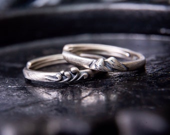 Anéis de casal em prata de lei com montanhas e mares, anéis de amizade ajustáveis.