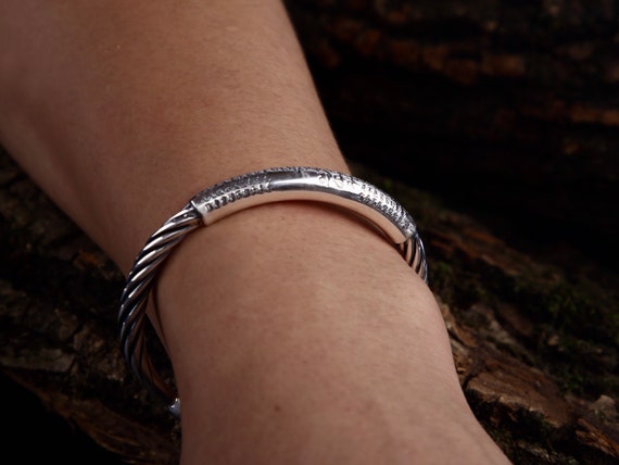 Buy Engraved Mantra Bracelet, Sterling Silver Cuff Bracelet, Lotus