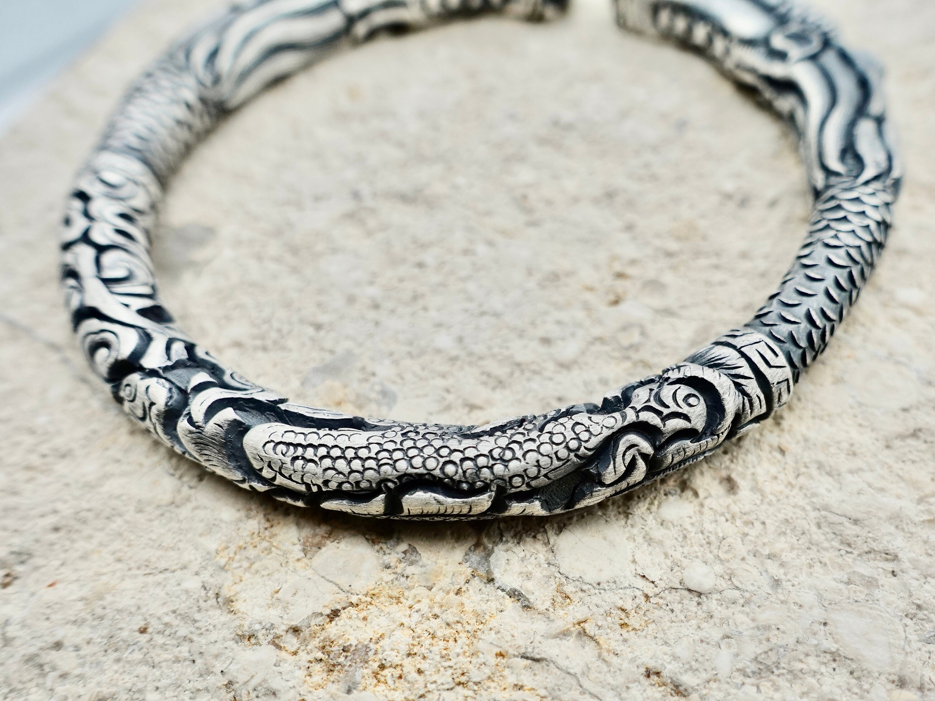 Sterling Silver Double Dragon Head Cuff Bracelet, 999 Fine Silver 