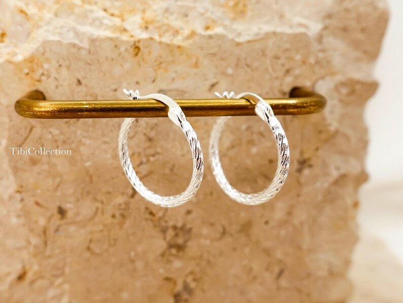 Textured shiny silver hoop earrings minimalist jewelry
