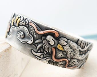 Fine Silver Engraved Dragon Cuff Bracelet, Wide Silver Bangle
