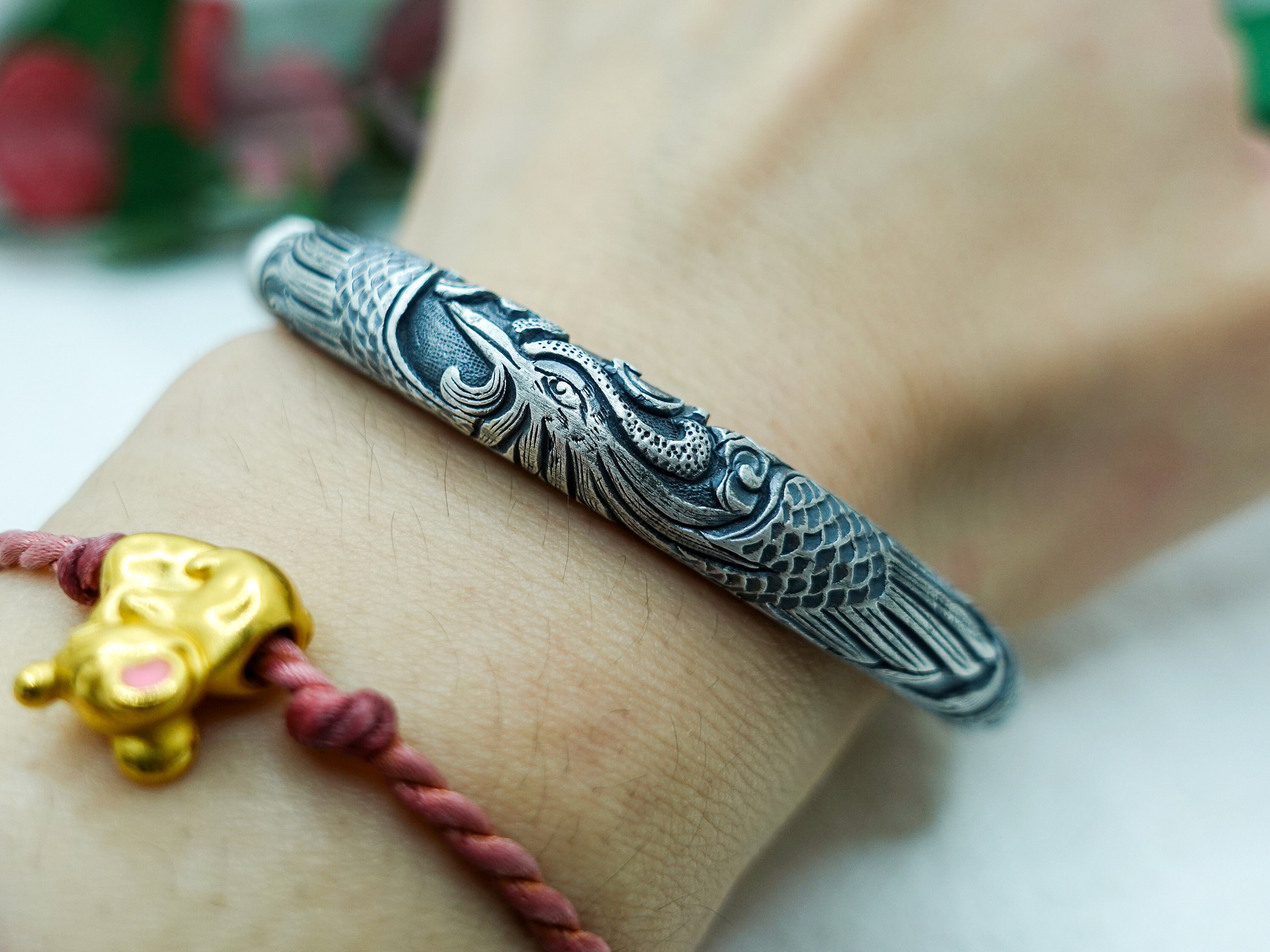 Sterling Silver Dragon Phoenix Bangle: Mystical Cuff Bracelet - Etsy