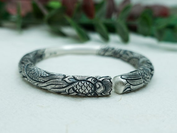 Sterling Silver Dragon Phoenix Bangle: Mystical Cuff Bracelet - Etsy