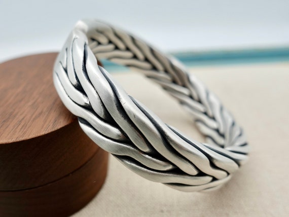 Sterling Silver Artisan Mens Cuff Bracelet, Adjustable Knitting Art Bangle