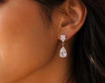 Double Pear Cut Diamond Drop Earrings, Bridal CZ Teardrop Earrings, Wedding Gift for Her