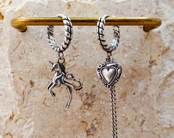 Sterling Silver Mismatched Unicorn Hoop Earrings, Gothic Heart Fantasy Jewelry for Her