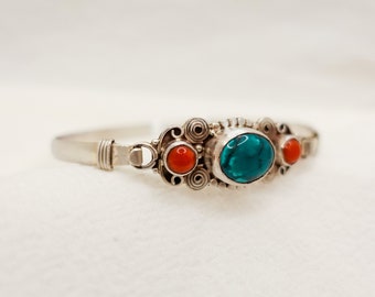 One of A Kind- Sterling Silver Turquoise Bracelet, Turquoise Coral Cuff Bracelet, Tibetan Bangle Bracelet, Vintage Jewelry Antique Cuff