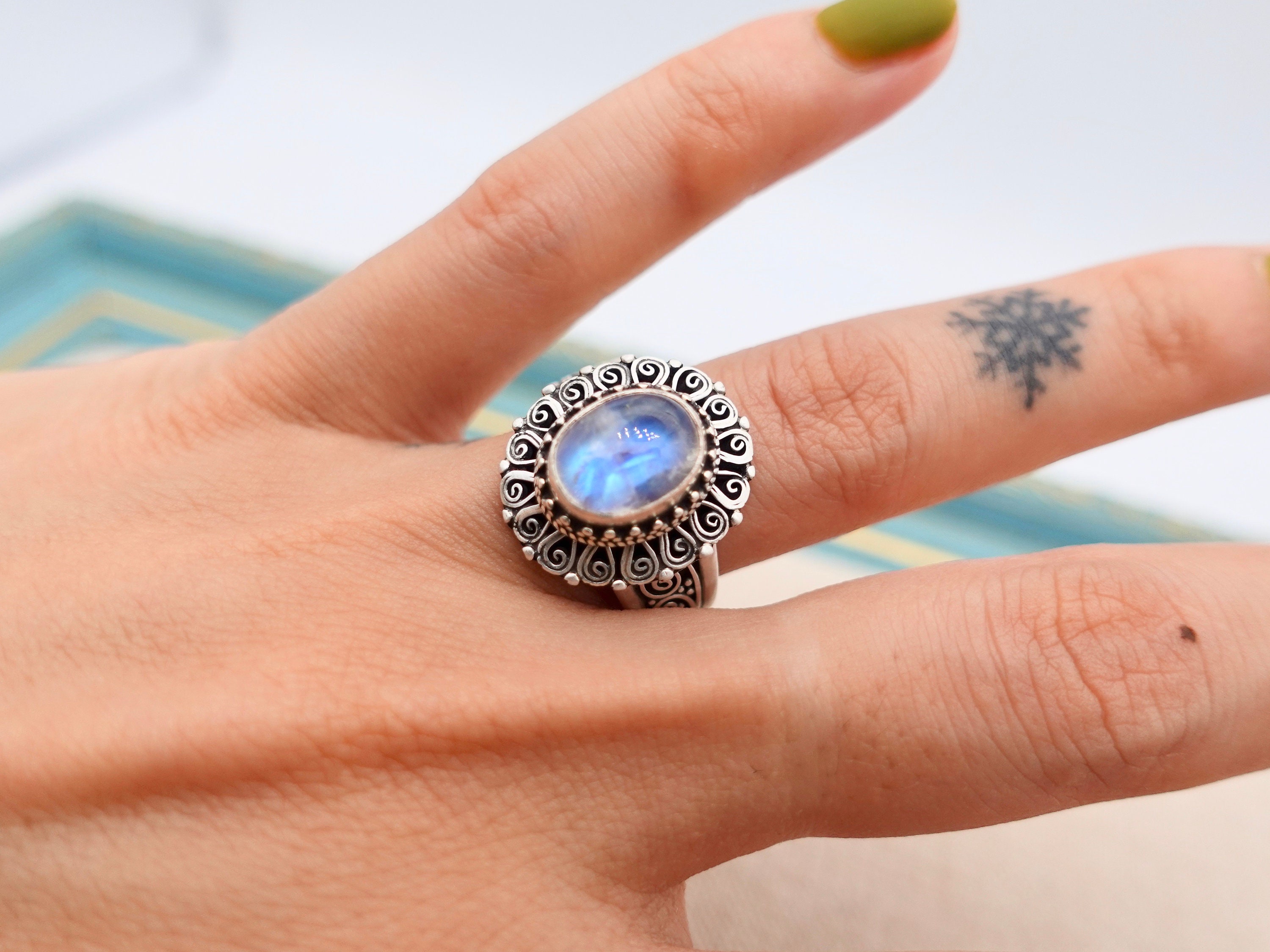 Unique Blue Moonstone Ring, June Birthstone Jewelry for her, sterling