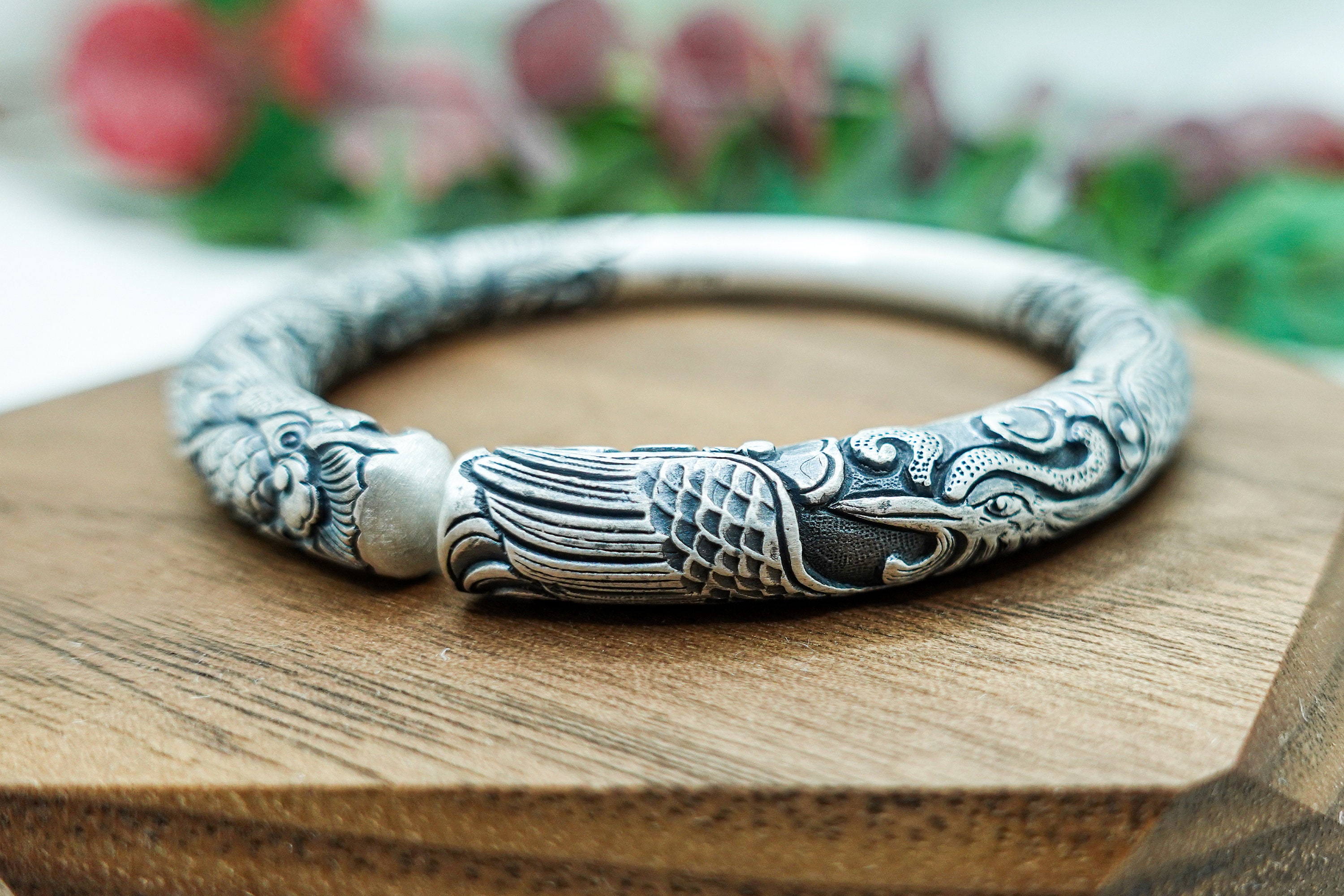 Sterling Silver Dragon Phoenix Bangle: Mystical Cuff Bracelet - Etsy