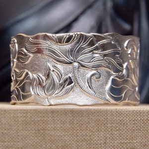 Chunky Sterling Silver Bracelet for women, Silver Cuff Bracelet, Lotus statement bracelet, wide cuff Buddhist mantra meditation bracelet
