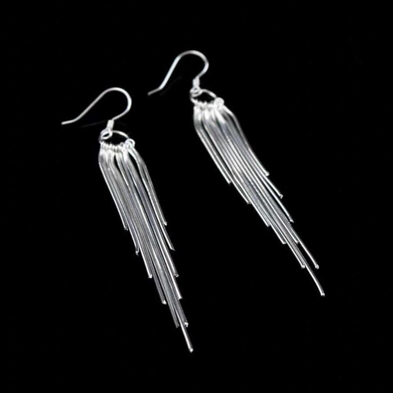 Tassel earringsgs ,Sterling silver long earrings, statement earrings, bohemian earrings, fringe earrings, party earrings image 1