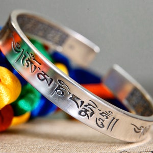 Sterling silver cuff bracelet, engraved bangle ,Tibetan mantra bracelet, meditation bracelet, his and hers bracelet, Buddhist jewelry