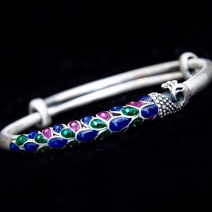 Sterling Silver Peacock Bangle, Enamel Peacock Bracelet, Adjustable Symbolic Bird Jewelry, Colorful Bracelet Gift for Her Mom Sister Wife