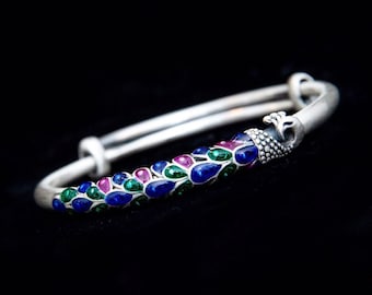 Sterling Silver Peacock Bracelet Adjustable, Enamel Peacock Bird Jewelry Gift for Her