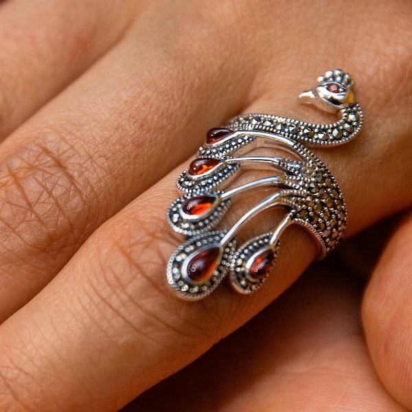 Multi stone ring, peacock ring, bird ring, Sterling silver statement ring, adjustable ring , jewelry gift for her, peacock jewelry