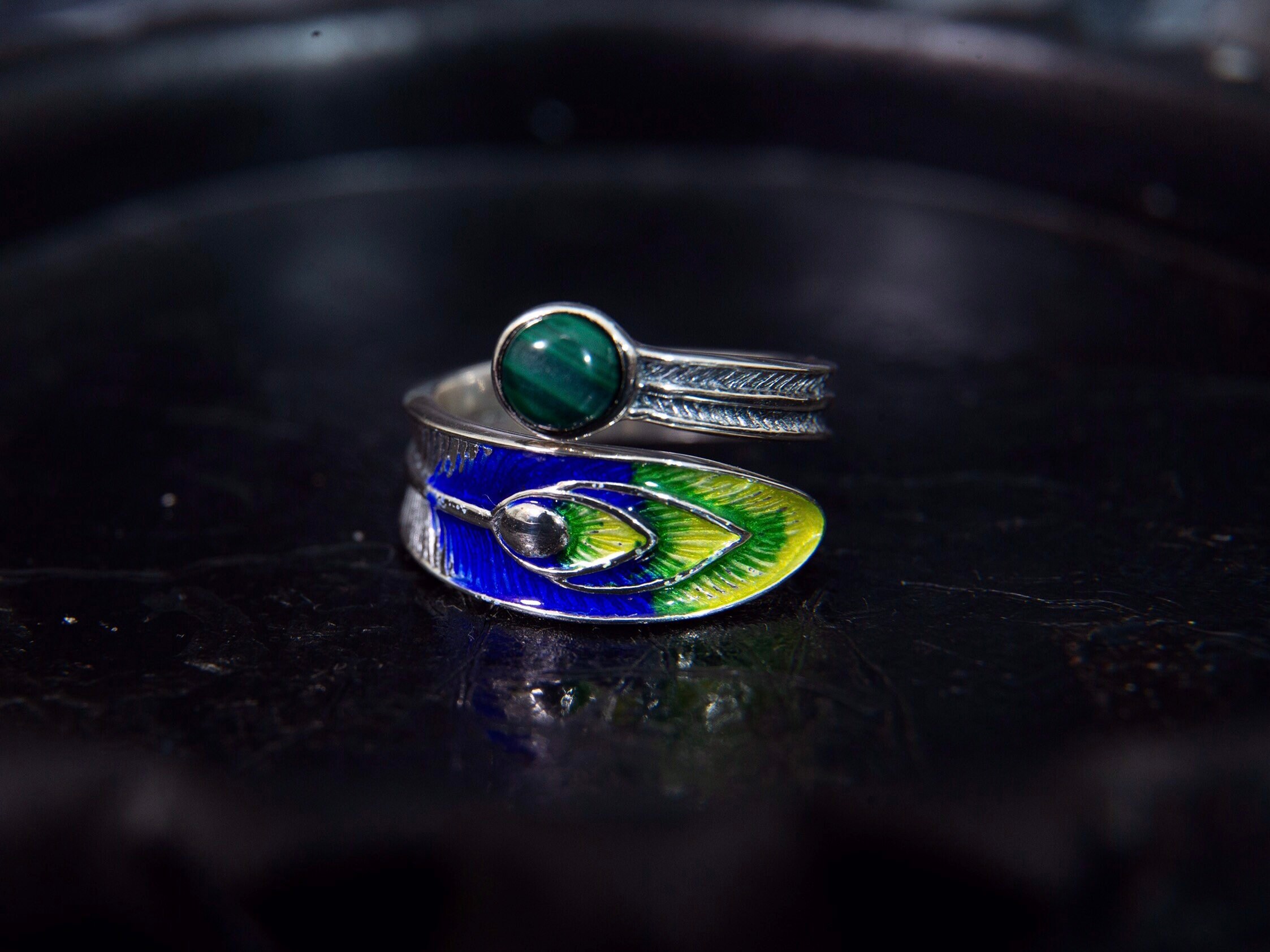 Sterling silver peacock statement ring with malachite , enamel ring