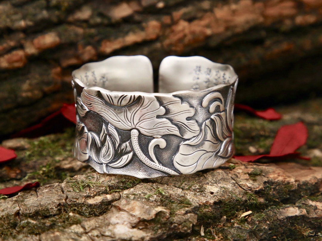 Sterling Sliver Cuff Bracelet for Woman Meditation Bracelet Lotus Bracelet Wide Cuff Bangle Bracelet Mindfulness Protection Bracelet Etsy