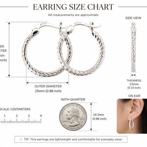 May include: Silver hoop earrings with a textured design. The earring size chart shows the outer diameter is 25mm and the thickness is 2.5mm. The text says "EARRING SIZE CHART".