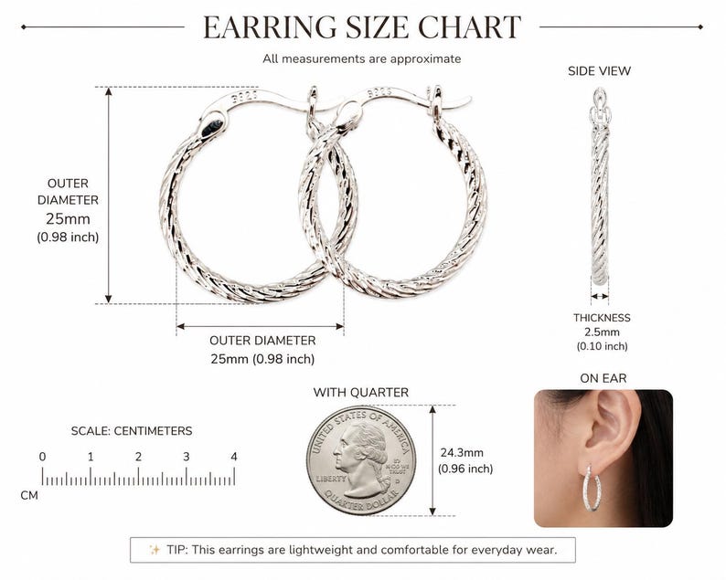 May include: Silver hoop earrings with a textured design. The earring size chart shows the outer diameter is 25mm and the thickness is 2.5mm. The text says "EARRING SIZE CHART".