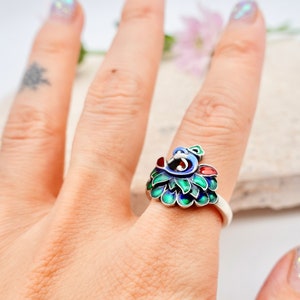 Sterling Silver Enamel Peacock Ring - Adjustable Bird Jewelry