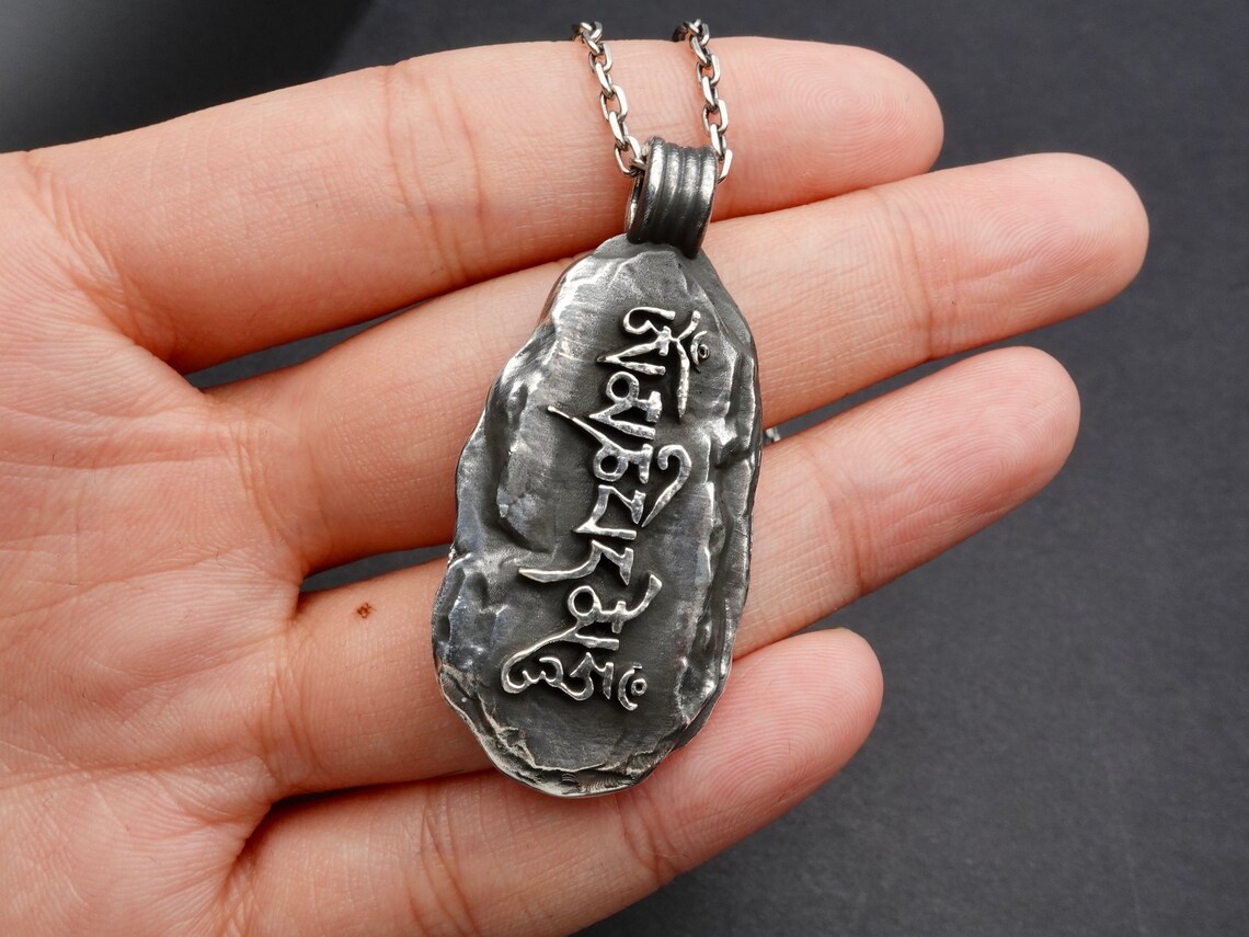 Rustic Mens Silver Necklace Mani Stone Pendant Oxidized Etsy