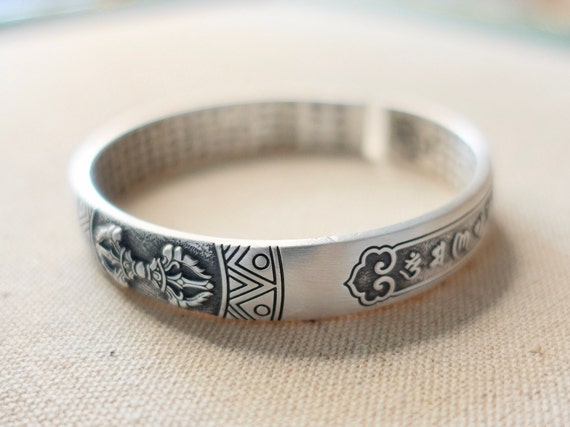 999 Fine Silver Buddhist Cuff Bracelet, Vajra, Om Mani Padme Hum