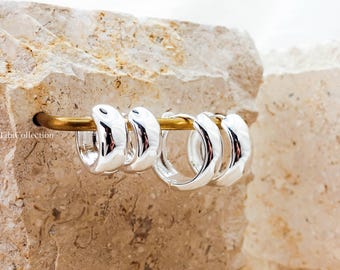 Sterling Silver Wide Huggie Hoop Earrings, Everyday Chunky Hoops Gift For Her Mom