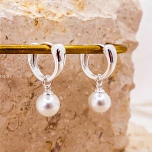Sterling Silver Pearl Hoop Earrings, Huggie Hoops with Pearl Drop Gift for Her