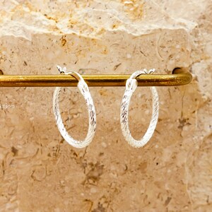 Shiny textured sterling silver hoops gift for her