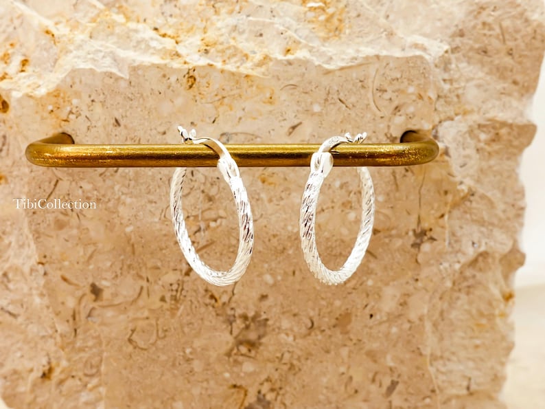 Shiny textured sterling silver hoops gift for her