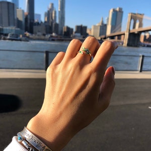 Pode incluir: Um anel de prata com um design de folha verde. O anel &eacute; usado no dedo de uma pessoa. O fundo &eacute; uma imagem desfocada de um horizonte da cidade e uma ponte.