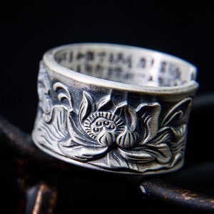 Fine silver Meditation ring, lotus ring, engraved mantra ring, thumb ring, unisex adjustable ring cuff ring, cigar band, Buddhist ring