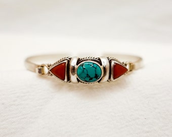 One of A Kind- Sterling Silver Turquoise Bracelet, Turquoise Coral Cuff Bracelet, Tibetan Bangle Bracelet, Vintage Jewelry Antique Cuff